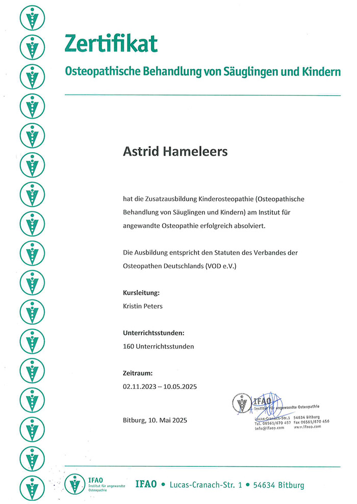 Zertifikat für Astrid Hameleers Osteopathische Behandlunge Säuglinge und Kinder